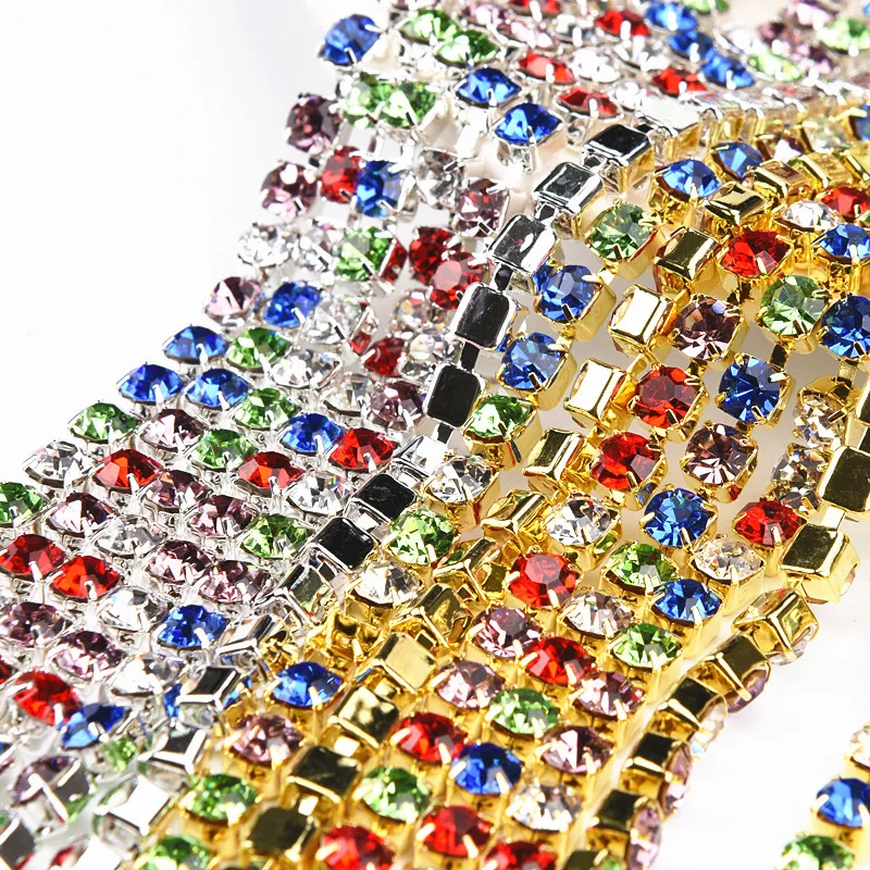

1meter mix color Czech crystal Rhinestone Cup Chain Silver gold Base With Claw Dress Decoration Applique Sew on Rhinestone Trim