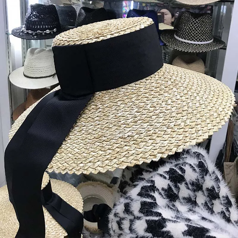 Women Classical Wheat Straw Hat Summer Cap 18cm Large Wide Brim Sun Hat Elegant Floppy Ribbon Beach Hat Vocation Derby Hat