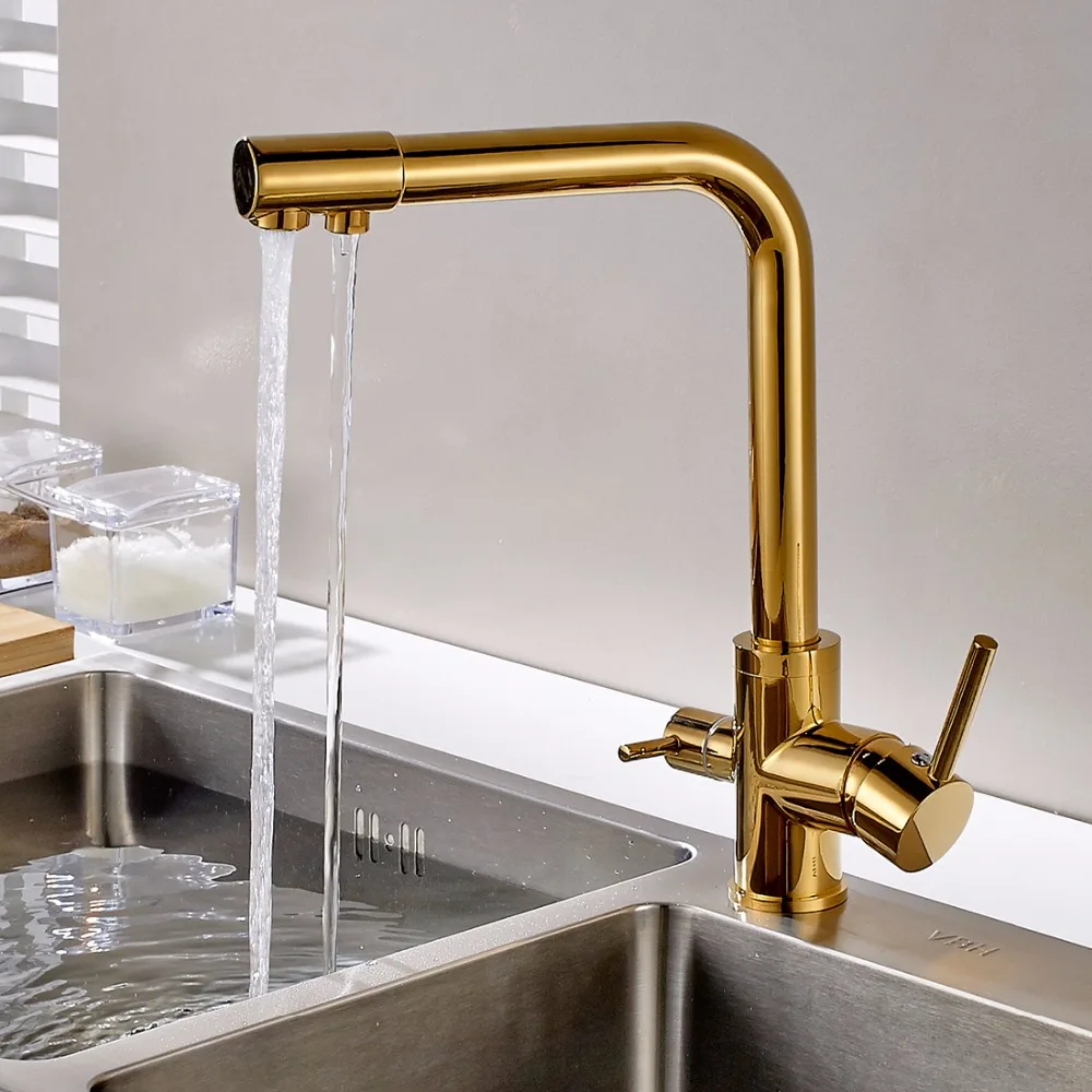  FLG 100% Copper Gold Finished Swivel Drinking Water Faucet 3 Way Water Filter Purifier Kitchen Fauc - 32789230275