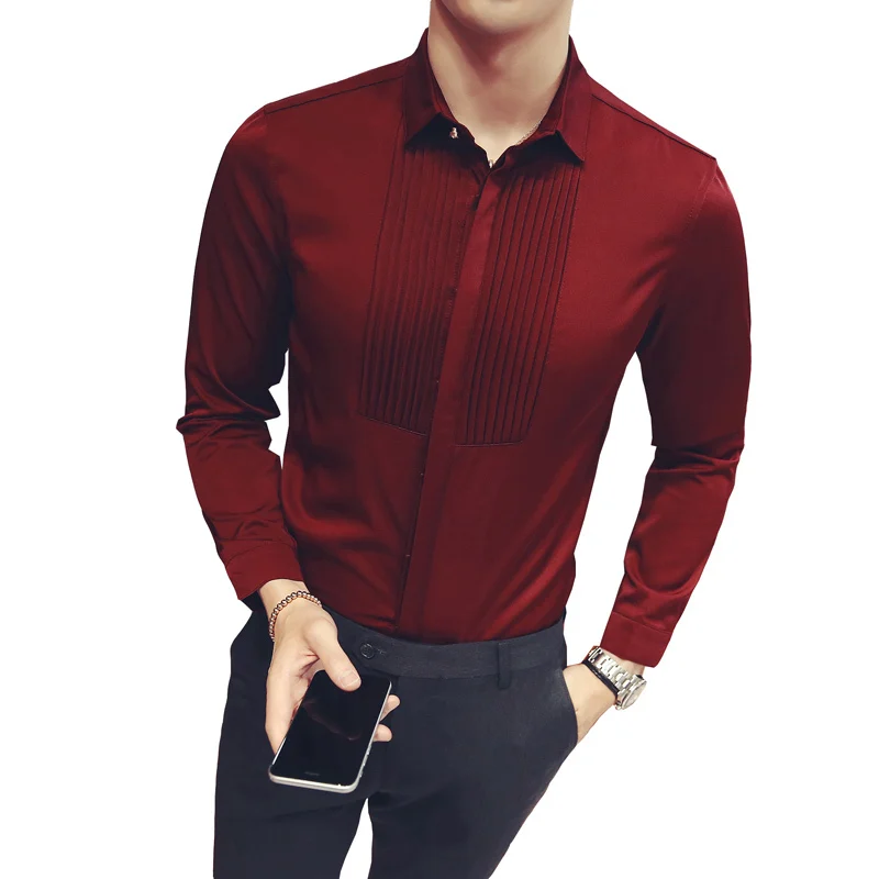 Pleated Men Wedding Shirt Slim Fit Long 