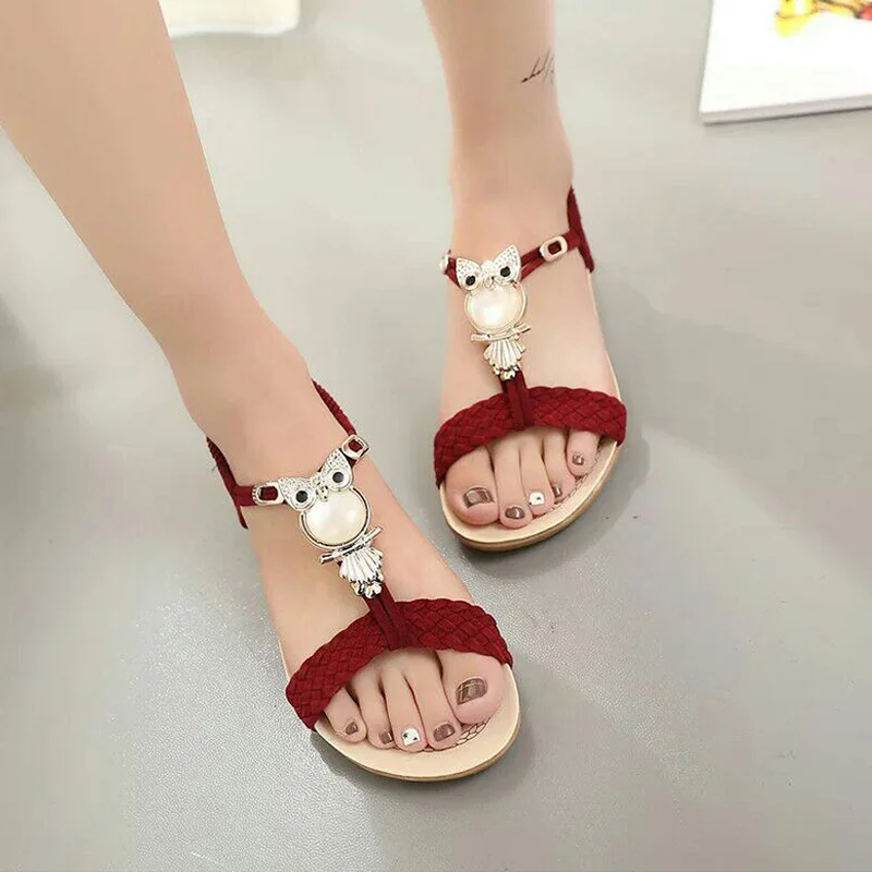 

Women Comfy Flat Sandals Weaving Owl Decoration Shoes for Summer Beach MSJ99