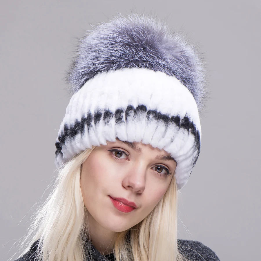 FXFURS зимняя шапка из меха кролика рекс для взрослых женщин с лисьим помпоном