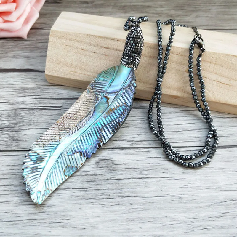 4 пряди гематита бисера цепи ожерелье, в форме пера abalone оболочки Шарм с кристаллами украшения с подвесками со стразами ожерелья NK298