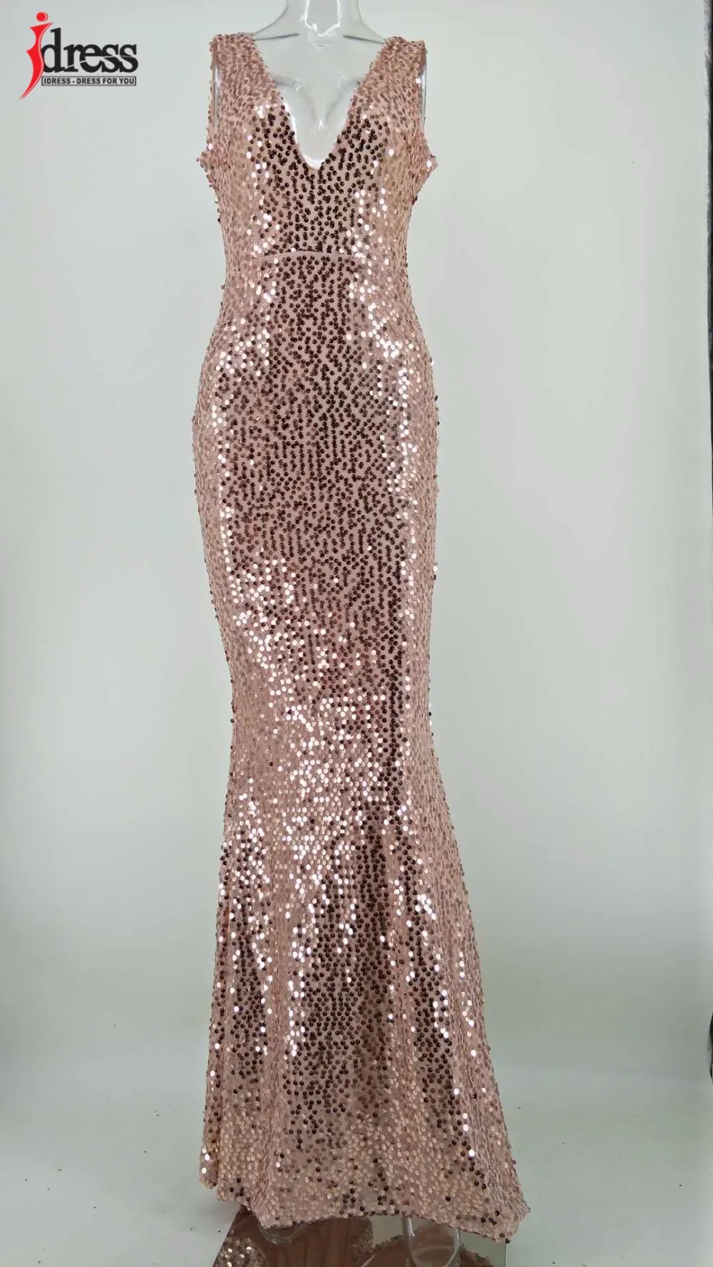 IDress Woman Fashion 2017 New Summer Maxi Dress Sexy Deep V Neck Gold Sequin Sleeveless Dress Evening Club Party Bodycon Dress (4)