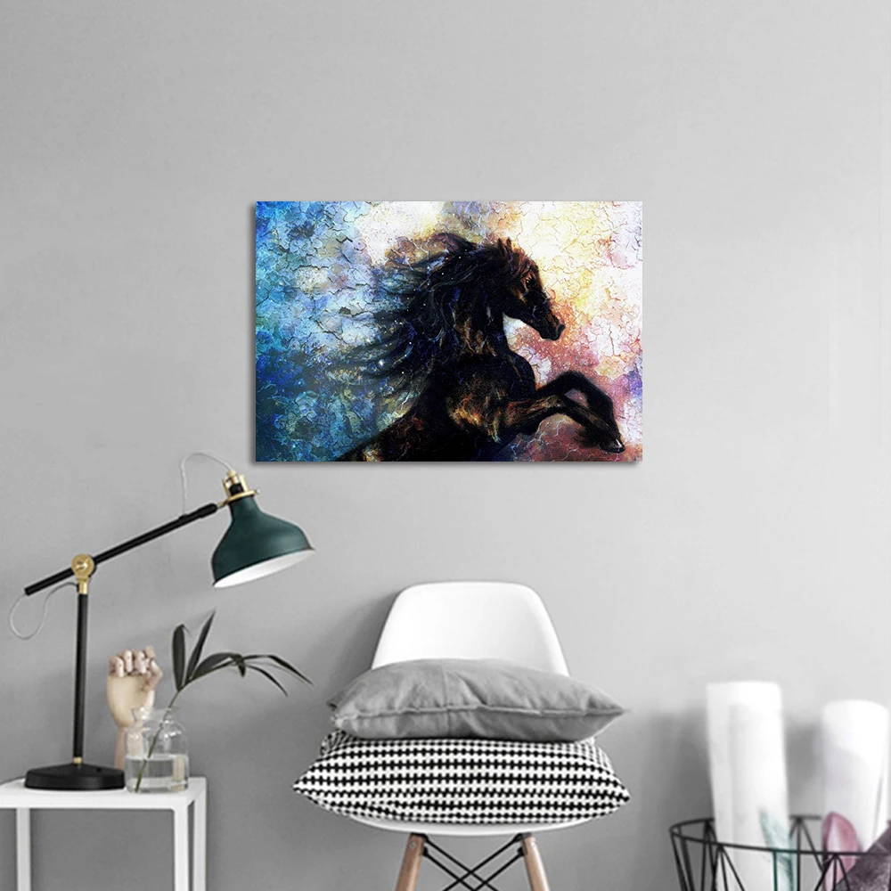 

AAVV Wall Art Black Running Horse Wall Pictures for Home Decor Oil Painting Art Print on Canvas Picture for Living Room No Frame