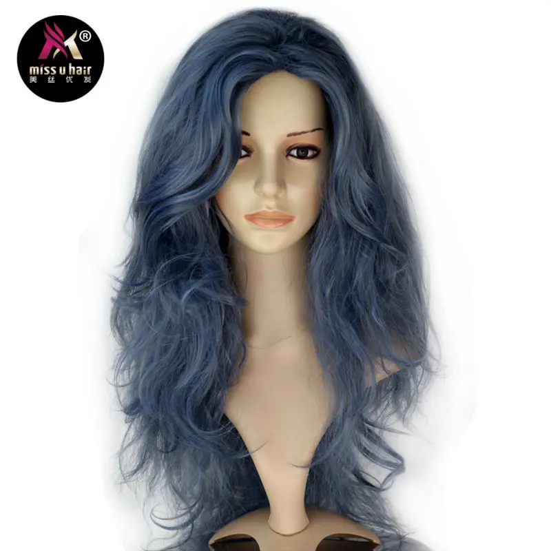 Miss U волосы длинные волнистые синий вьющиеся Tousle пушистый фильм косплей полный костюм парик термостойкие волокна