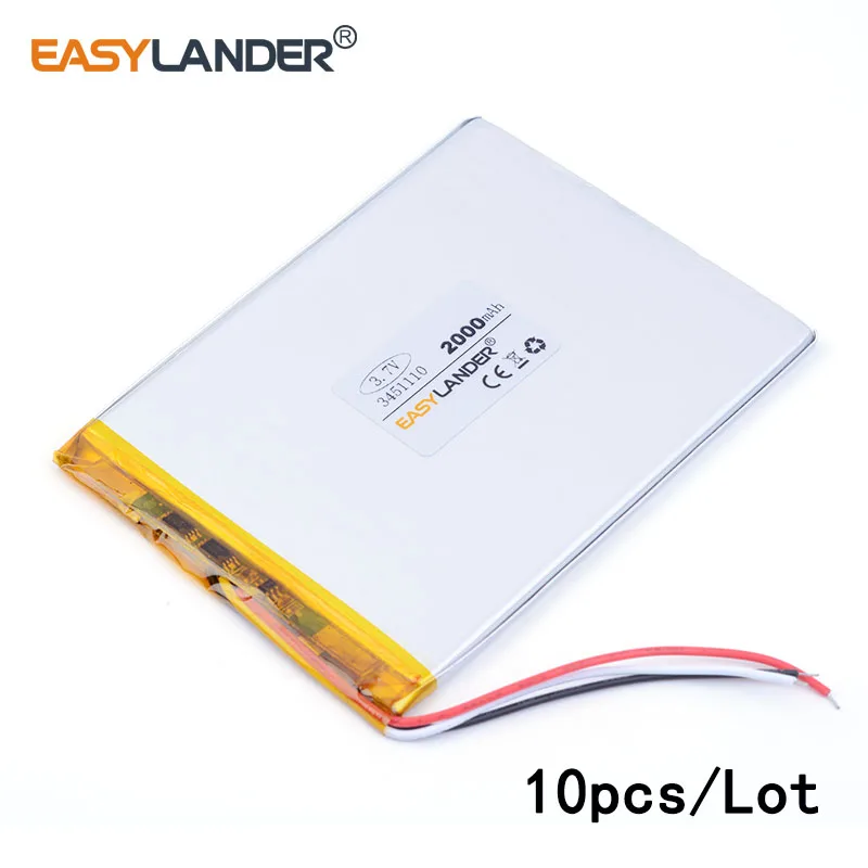 10pcs /lot 3 Wire 2000mah 3451110 Lithium Li Ion Polymer Rechargeable