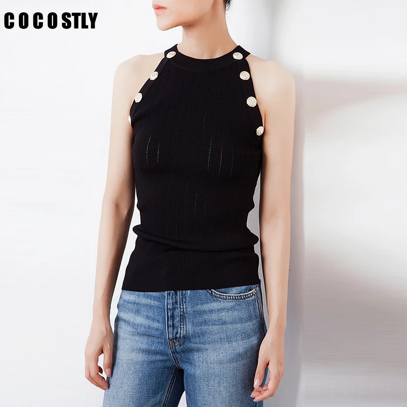 

Double Breasted Fashion O-Neck Sleeveless Knit Tank Tops Women Autumn Hollow Out Casual Thin Sweaters Tops 2019 New Arrive Tops