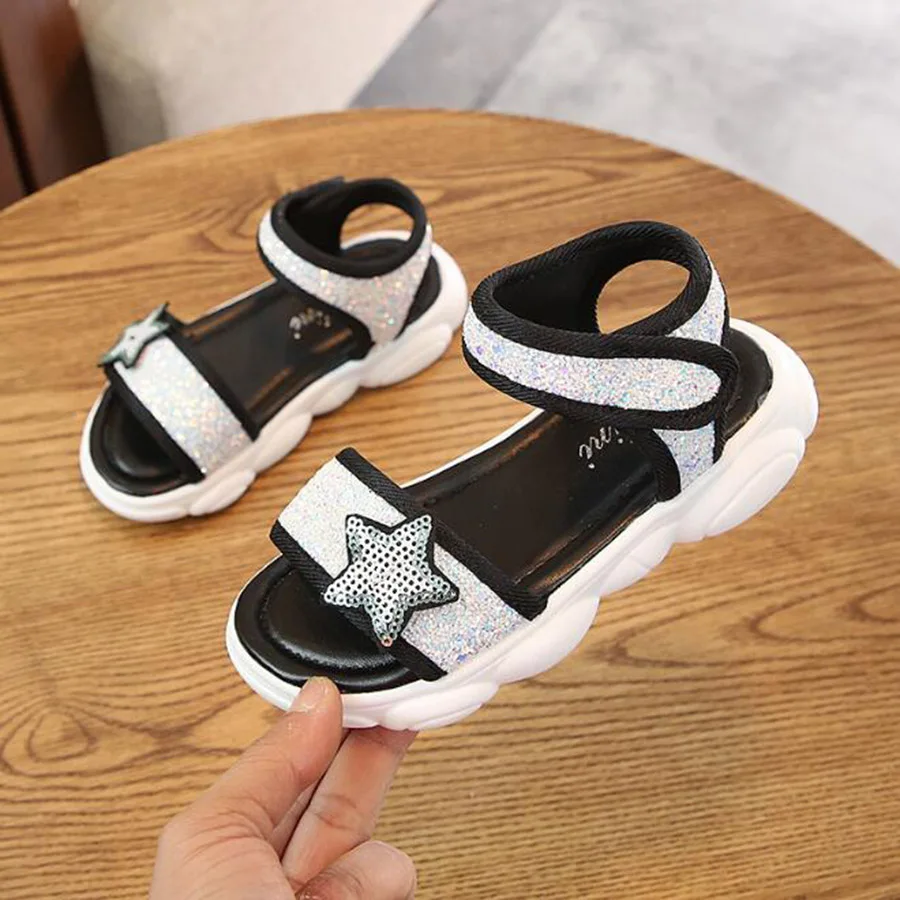 MHYONS/сандалии для девочек Fashion2019 принцессы пляжные туфли для девочек Детская блестящая ткань сандалии со звездами