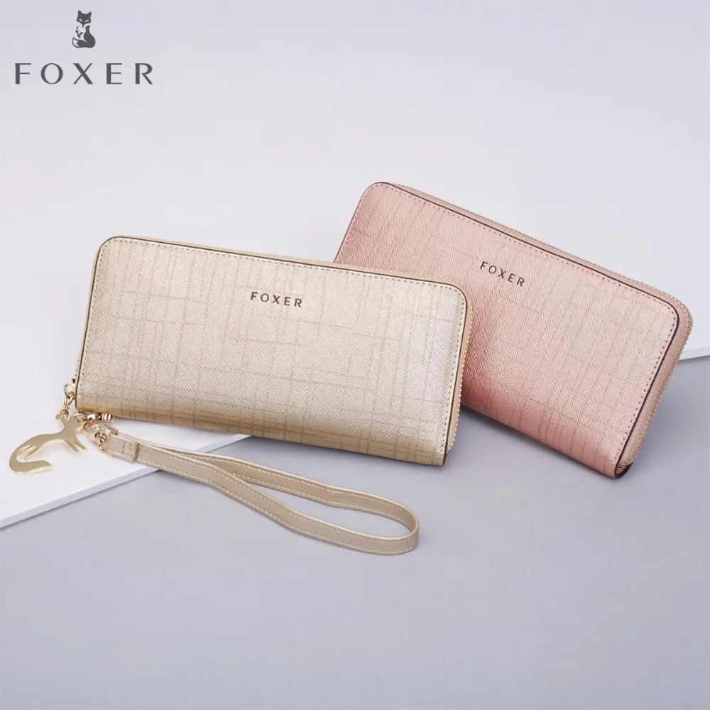FOXER Women Cow Leather Long Wallet Fashion Wristlet Clutch Purse