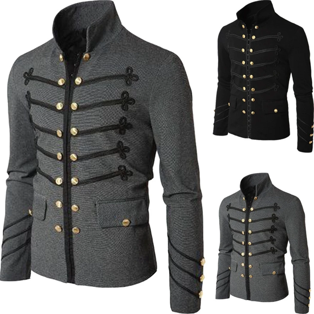 

Retro Men Parade Jacket Gothic Military Army Coat Steampunk Tunic Rock Frock Uniform Male Vintage Punk Outwear Cosplay Costume