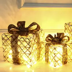 Комплект из 3 предметов Рождественский светодиодный украшение из кованого железа Подарочная коробка загорается светодиодный Рождество