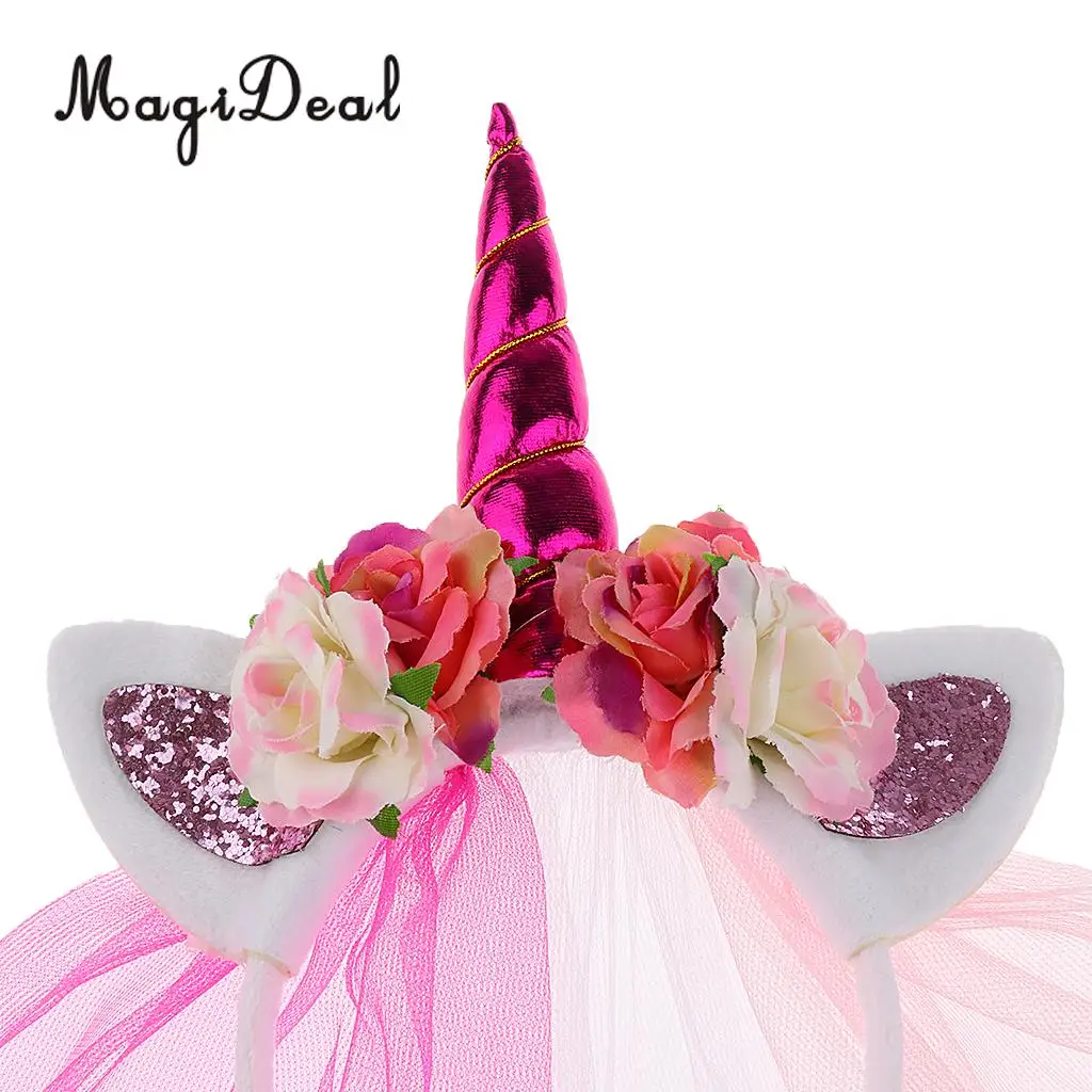 MagiDeal Unicorn Rose Flower Veil Headband Costume Cosplay Party Fancy Dress for Birthday Baby Shower Christmas Halloween Decor