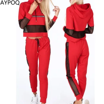 

AYPOQ Women Autumn Gauze Hoodies 2 Piece Set Tracksuit Patchwork Sports Suit Outfit Casual Fashion Sweater Hooded Crop Top Pants
