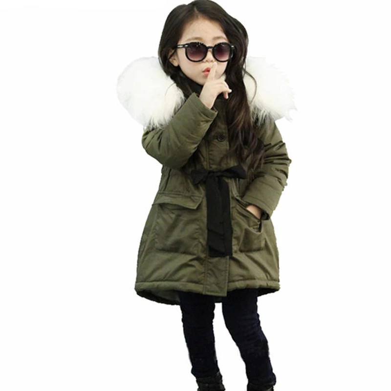 

2018 baby girls clothes winter girls jackets and coats fur collar hooded kids outwear bow tie pincess long girls winter jackets