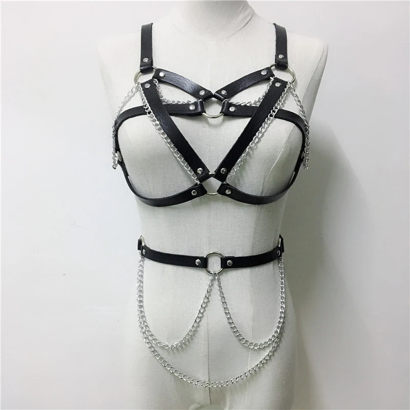 

Goth Leather Harness Garter Belts Two Piece Set Body Bondage Belt Sexy Cage Chest Metal Chains Waistband Belt Party Clubwear