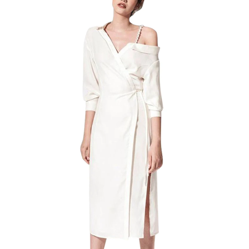 solid color blackwhite beaded strap one shoulder dress v neck tie belt side split knee length tunic dress ladies casual dresses