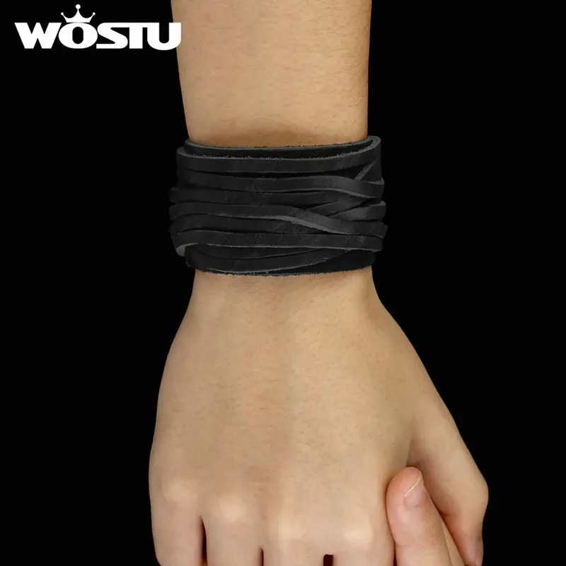 WOSTU Hot Sale Genuine Leather Wrap Vintage Black Bracelet & Bangles For Men Women Luxury High Quality Jewelry Unisex XCJ0337