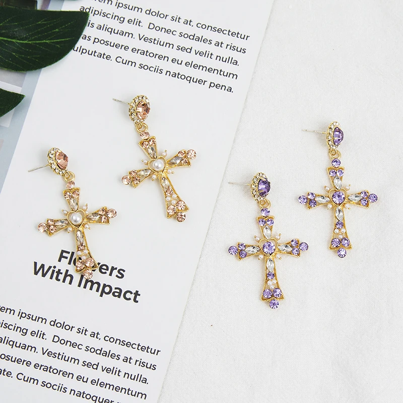 New Fashion Hollow Shiny Crystal Rhinestone Cross Shape Elegant Korean Women Drop Earrings Pendientes Party Jewelry 6B1026 - Image 4