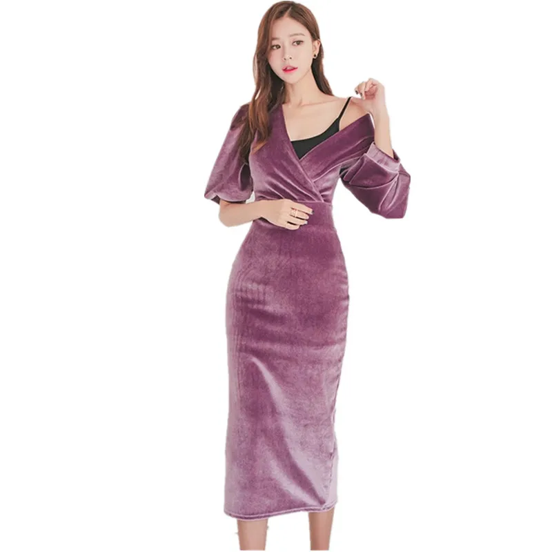 

HAMALIEL High Quality Velvet Half Pull Sleeve Pencil Dress 2019 Fashion Spring Women Sheath Bodycon OL Dress Slim Party Dress
