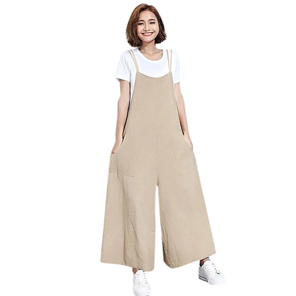 

Summer loose and comfortable jumpsuit ladies strap pocket casual wide leg jumpsuit Mono suelto y comodo de verano#JE-55