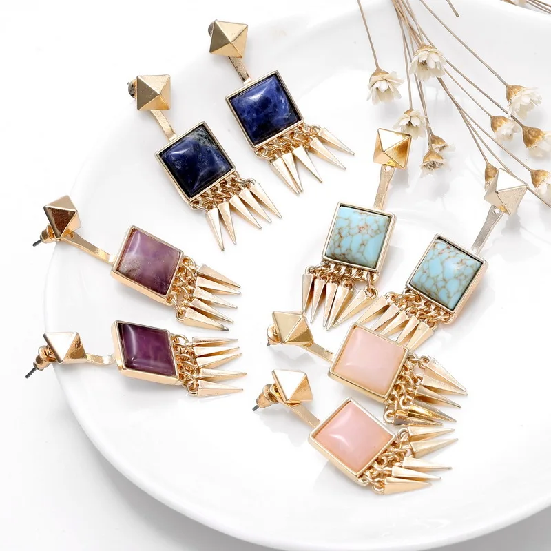 

Dongguk door Natural stone earrings detachable square rivet tassel earrings Korean fashion earrings