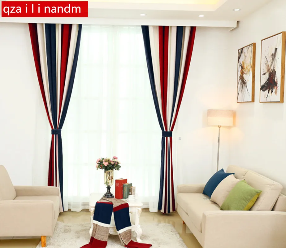 

European style Window Curtains Stripes For Living Room/bedding Room Blue/white/red Blackout Drapes Customized Free Shipping