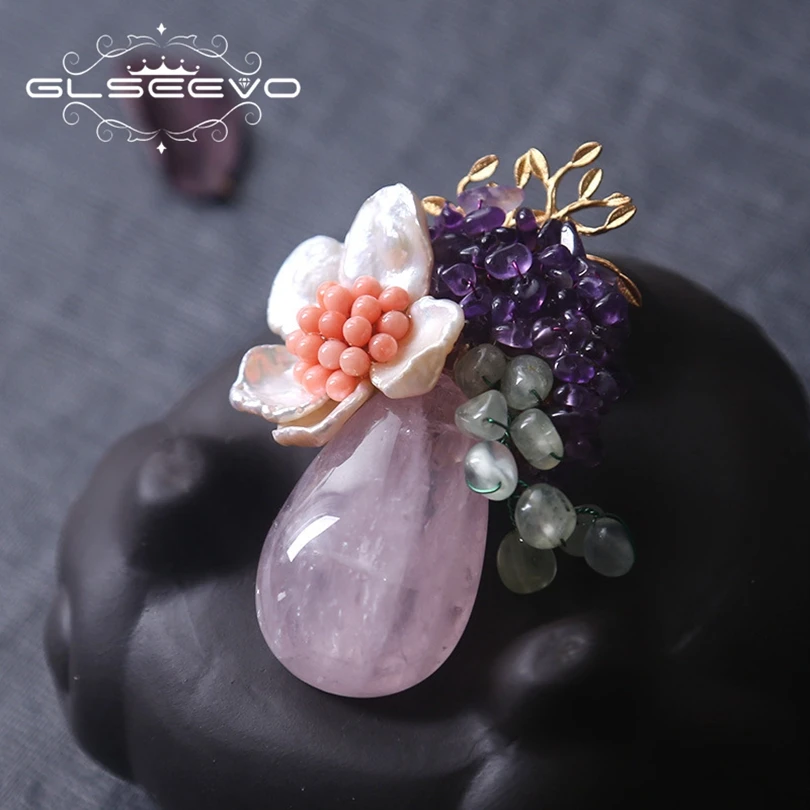 

GLSEEVO Natural Pink Crystal Amethyst Fresh Water Pearl Flower Brooch Pins And Brooches For Women Dual Use Fine Jewellery GO0190