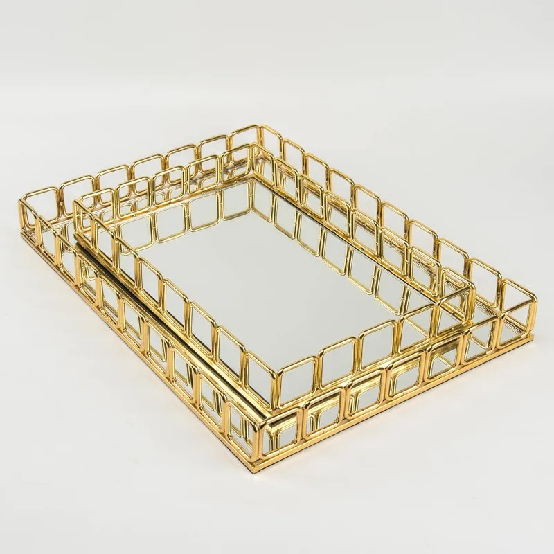 Европейский минималистичный металлический зеркальный прямоугольный поднос модель мягкое украшение золотой туалетный столик для хранения поднос украшение