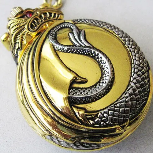 Золото Тон Pattern Китайский дракон кварцевые карманные часы Freeship круто|pocket watch|quartz