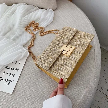 

New fashion solid color pig nose lock woven cover type shoulder bag wheat ear bird straw texture chain wild sloping straw bag
