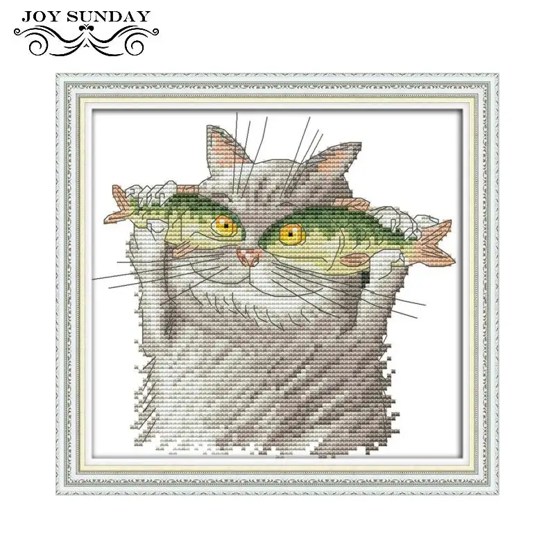 

Joy Sunday Cross Stitch Cat I love Fish 11ct 14ct DIY Handwork Counted Printed Crossstitch kit DMC Embroidery kit Needlework Set