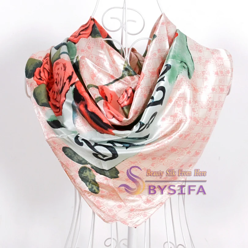 BYSIFA женский атласный шелковый шарф хиджаб бренд синий розовый красный цветочный узор квадратные шарфы палантины весна осень мусульманский головной платок накидка