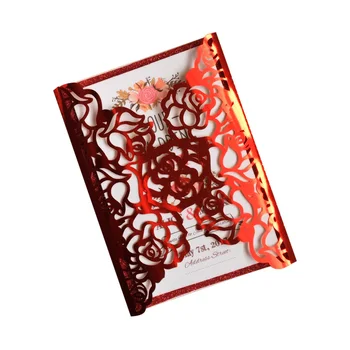 

Shiny red rose luxury wedding laser cut invitation cards