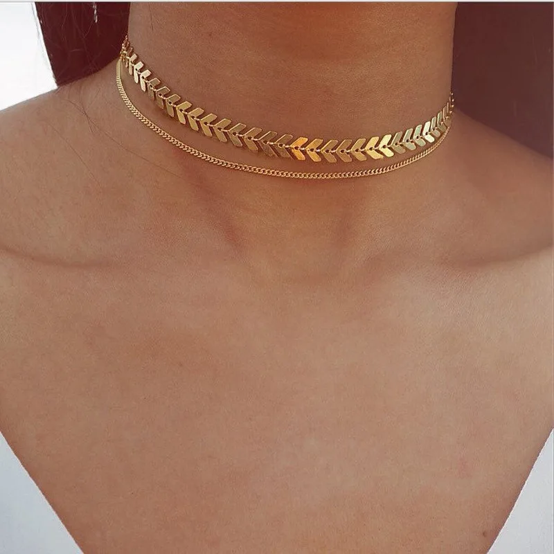 Multi Arrow Choker Necklace Women Two Layers Necklaces Gold Color Fishbone Airplane Necklace Flat Chain Chocker On Neck Jewelry