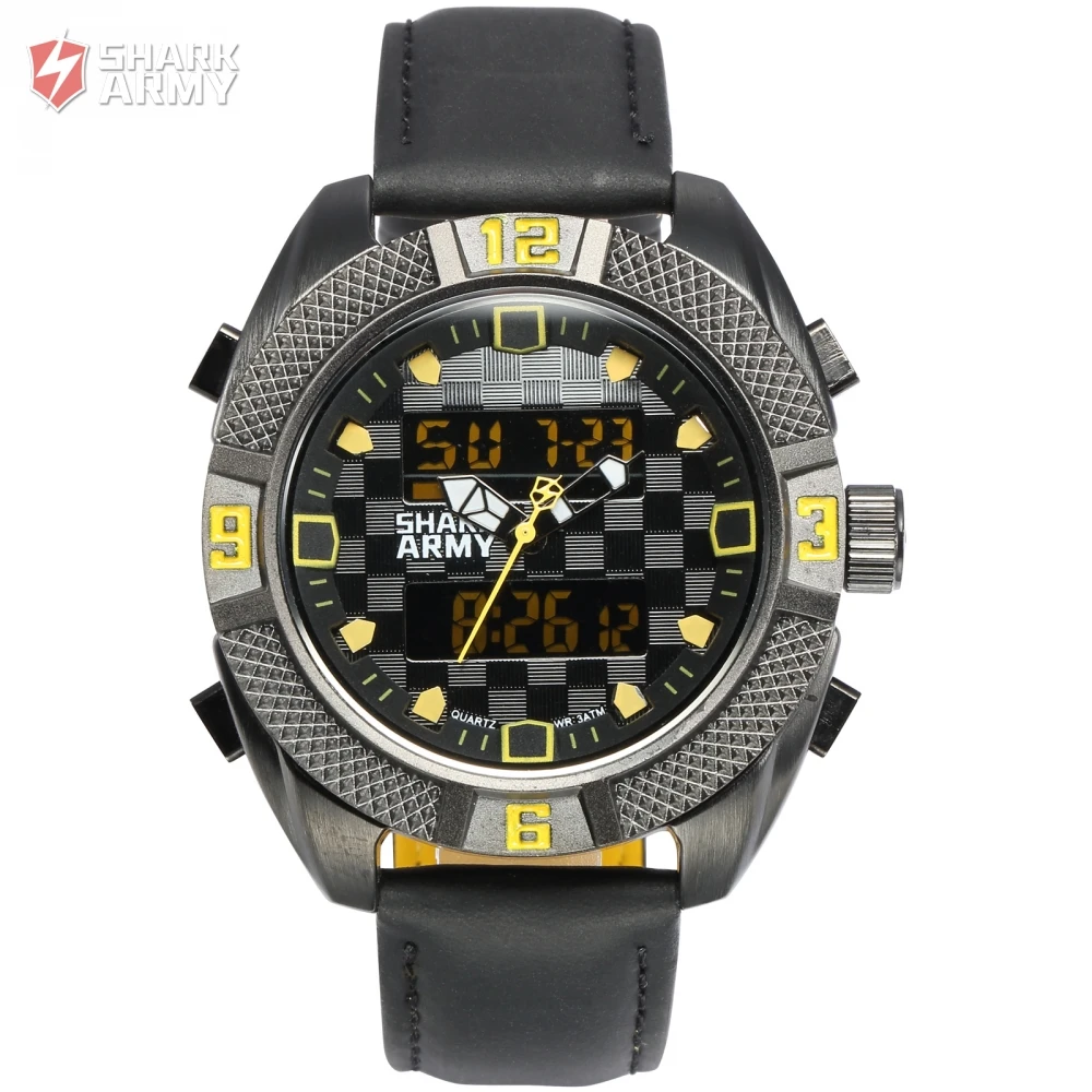 

Shark Army Brand Sport Watch Skone LCD Day Date Dual Display Man Buckle Hardlex Chronograph Alarm Leather Band Gift Box / SAW170