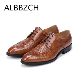

Crocodile pattern genuine leather dress shoes men derby formal suit wedding shoes mens office business work oxford shoes brown