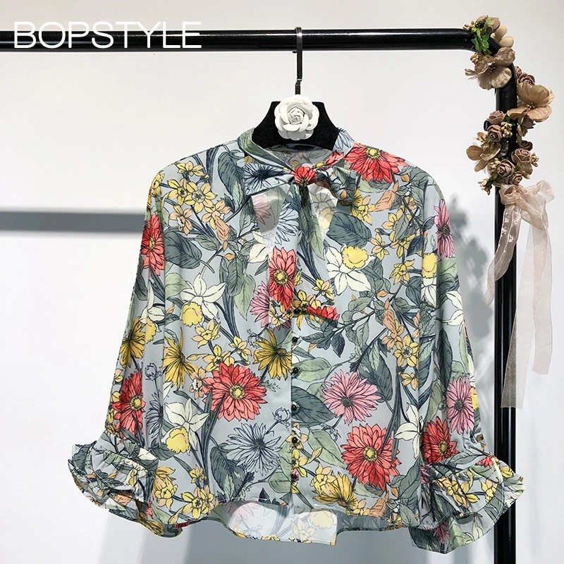 

2018 Autumn New Women V-neck Floral Print Blouse Shirt With Neck Tie & Flare Sleeve - Ladies Casual Shirt Top Front Buttoned