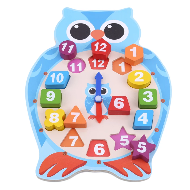 Дети Монтессори цифровой мультфильм часы Деревянный Блок игрушка для ребенка время обучения Форма Цвет Сова Лягушка раннего обучения игрушка