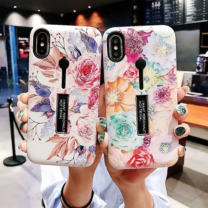 

For iPhone XS MAX Case XR 7 8 6 Plus Xs Fashion Relief Flower Loop Ring Phone Case Flamigo Slim Holder Stand Soft Silicone Cover