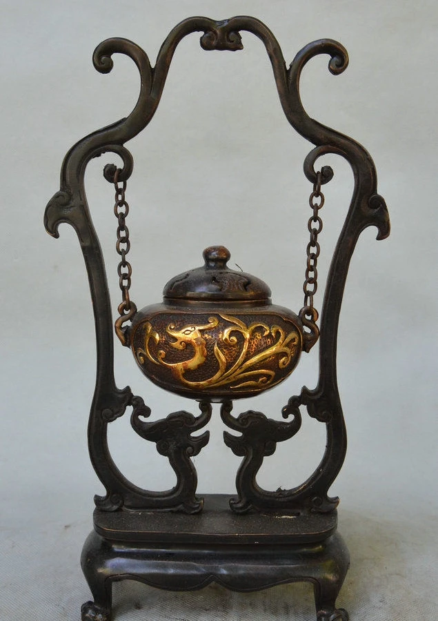 

14" China Bronze Gilt Hang Dragon Loong Incense Burner Censer Incensory Thurible