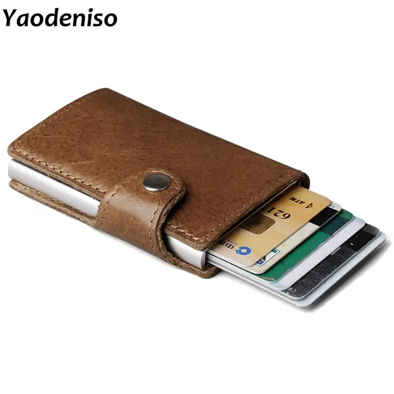 

Genuine Leather Men Aluminum Wallet Back Pocket ID Card holder RFID Blocking Mini Magic Wallet Automatic Credit Card Coin Purse