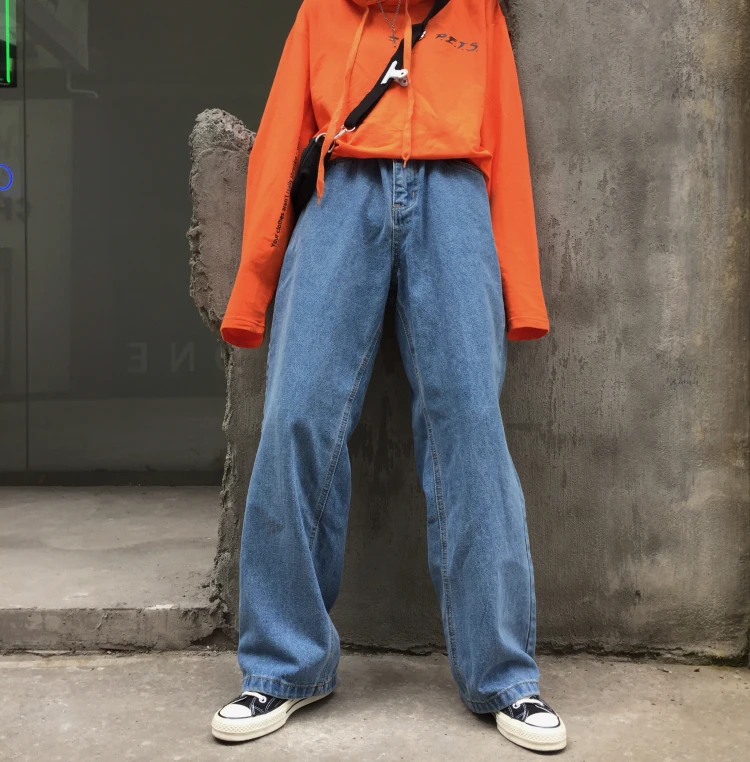 Корейская мода Высокая талия Свободные прямые широкие брюки джинсовые брюки лето осень зима винтажные джинсовые брюки дамы негабаритных