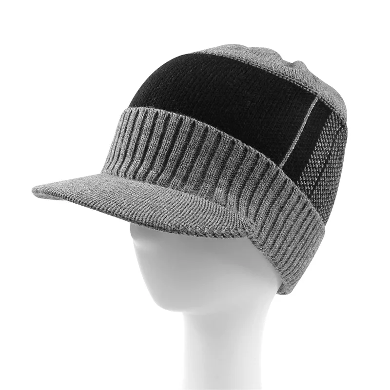 Warm Winter Men Hat Knit Cable Visor Male Beanie Fleece Lining Patchwork Beanie Stripe Newsboy Cap Outdoor Sport Adult Hat  (35)