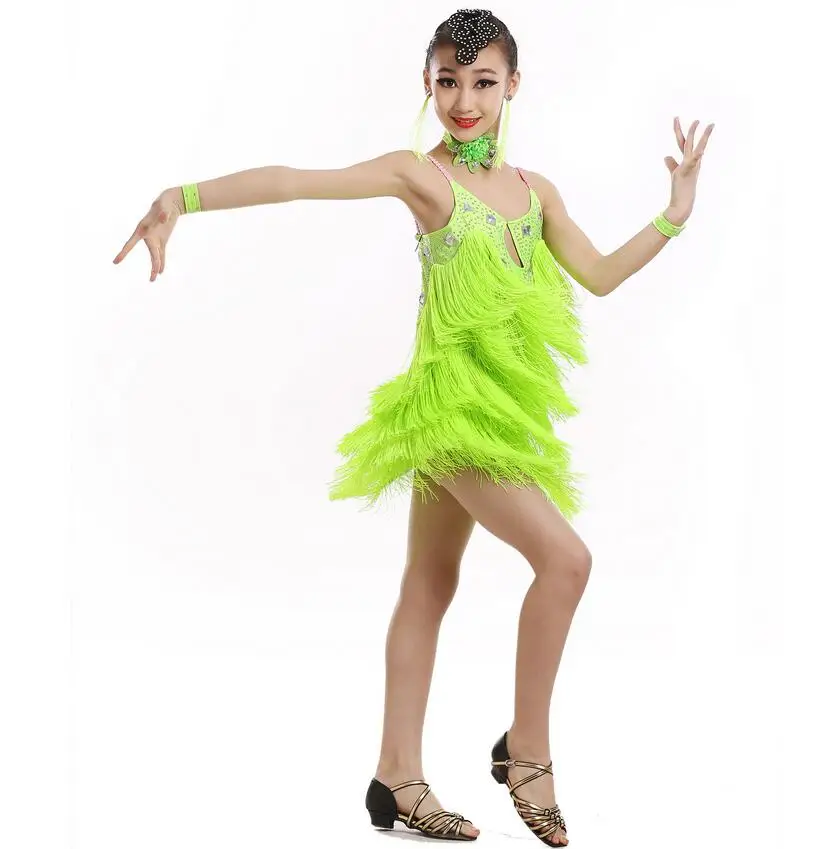 Фиолетовое платье для латинских танцев с кисточками и блестками для девочек, детское платье для соревнований, шоу, бальных танцев, сальсы, катания на коньках, танцевальные костюмы - Цвет: Зеленый