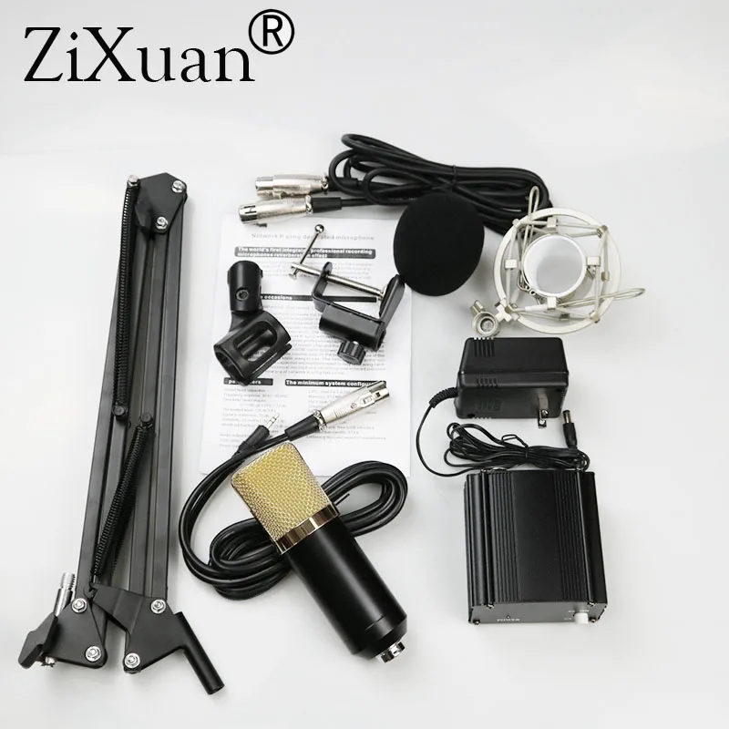 Condenser Microphone Kit Black 48V Phantom Power Supply XLR Cable for Home Studio Recording Boom Scissor Arm Stand | Электроника