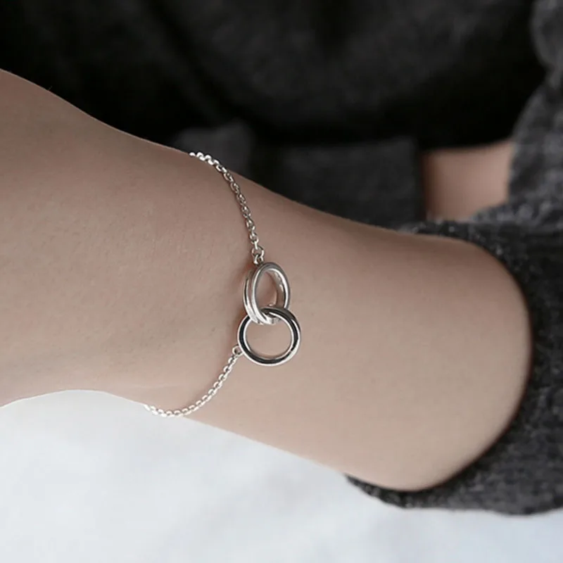 925 Solid Sterling Silver Simple Double Circle Charm Chain Bracelet for Women