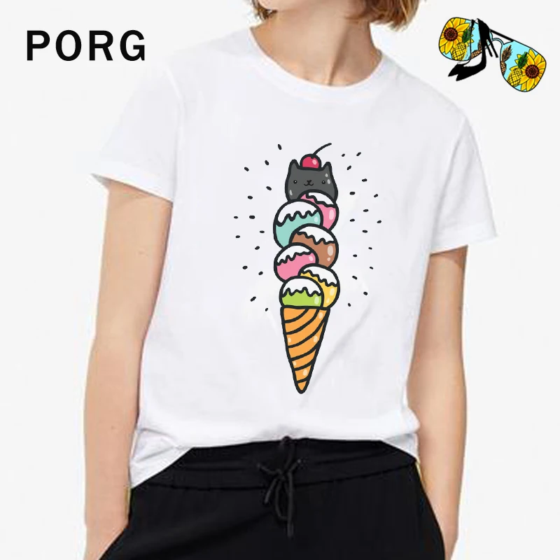 

Cat Ice Cream T Shirt Kawaii Women Gothic Funny Tshirt Harajuku Streetwear Tops Aesthetic T-shirt Camisetas Verano Mujer 2019