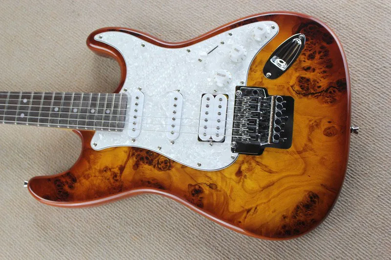 Top Quality China Custom Guitar Burl pattern natural satinwood body electric guitar Floyd rose tremolo ST Electric Guitar 930