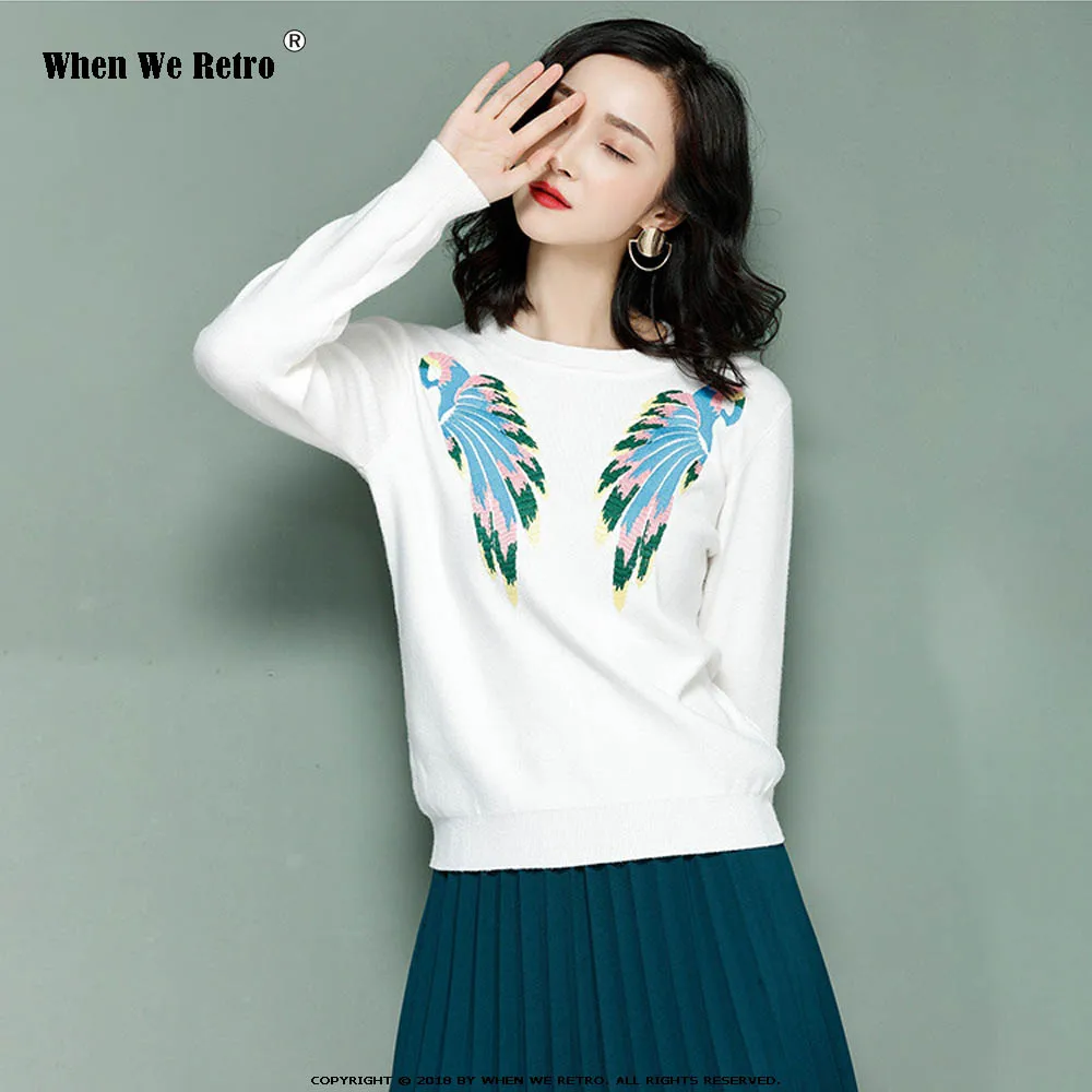When We Retro 2018 Punk Rock Pullover Tops Women Wing Bird Parrot Embroidered Autumn Winter Sweater Female Knitwear YC28 | Женская